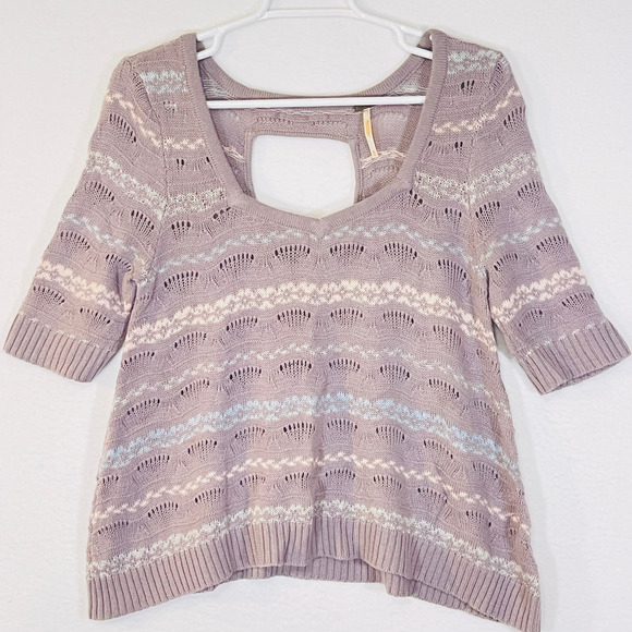 Free People Sweater Womens Medium Purple Striped Sweetheart Neck Short Sleeve - Picture 2 of 16